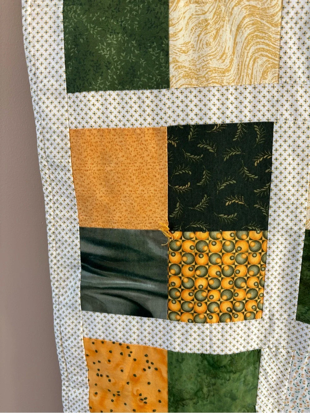 Vintage Handmade Green and Gold Patchwork throw Quilt